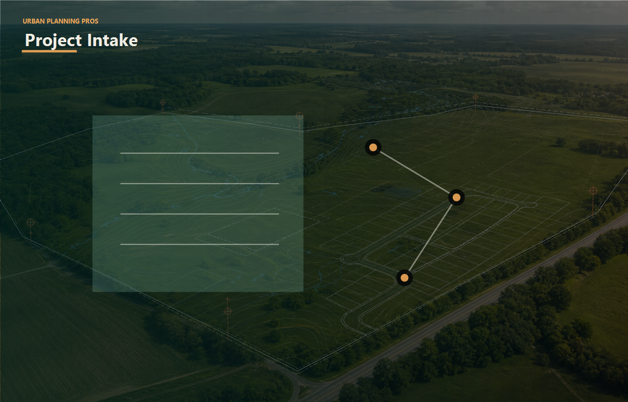 Urban Planning Pros client access header image for Urban Planning Pros showing Client access image with secure project intake and planning document overlays