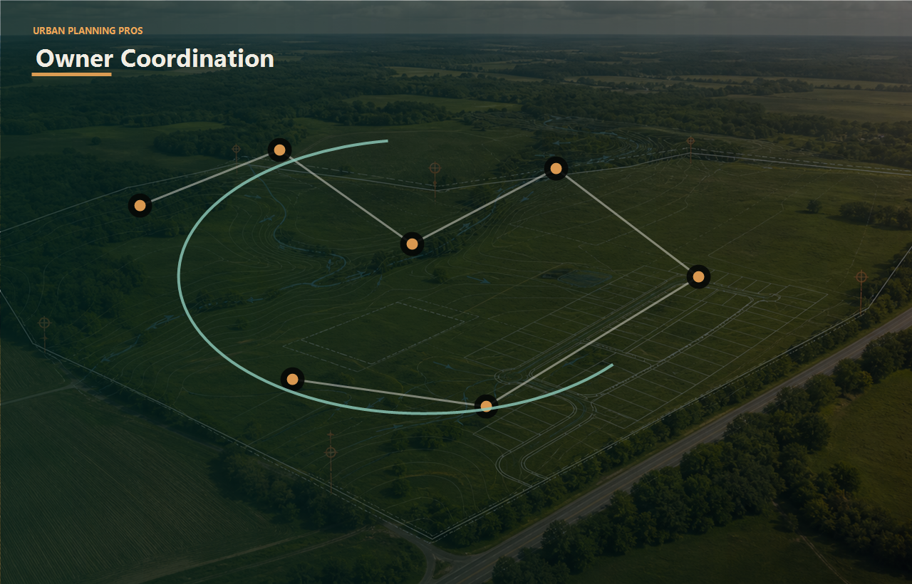 PM Mentoring Calendar land planning header image for Urban Planning Pros showing Project coordination image with connected planning-team nodes