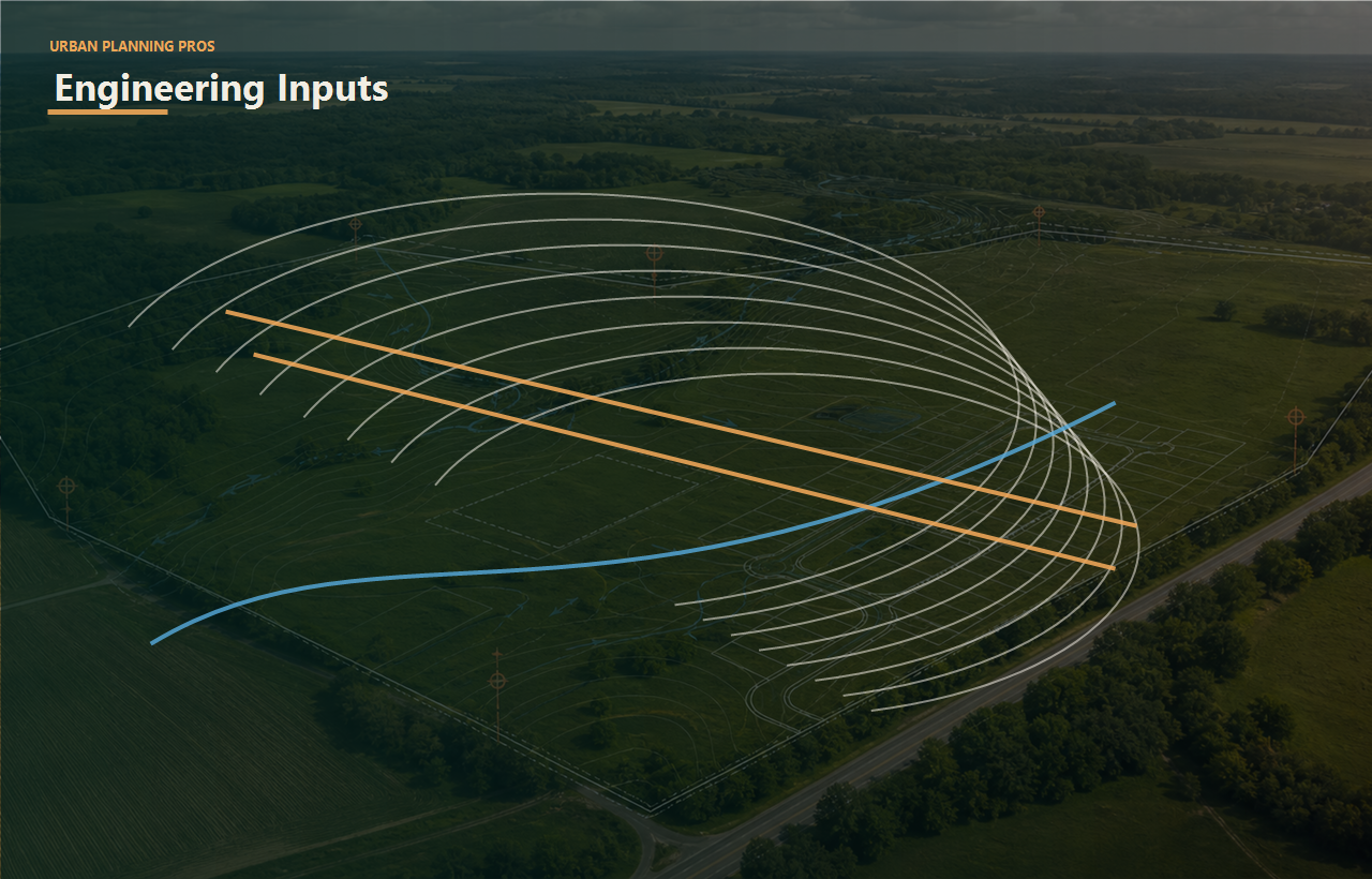 Engineering Services header image for Urban Planning Pros showing Engineering coordination image with contour and drainage overlays
