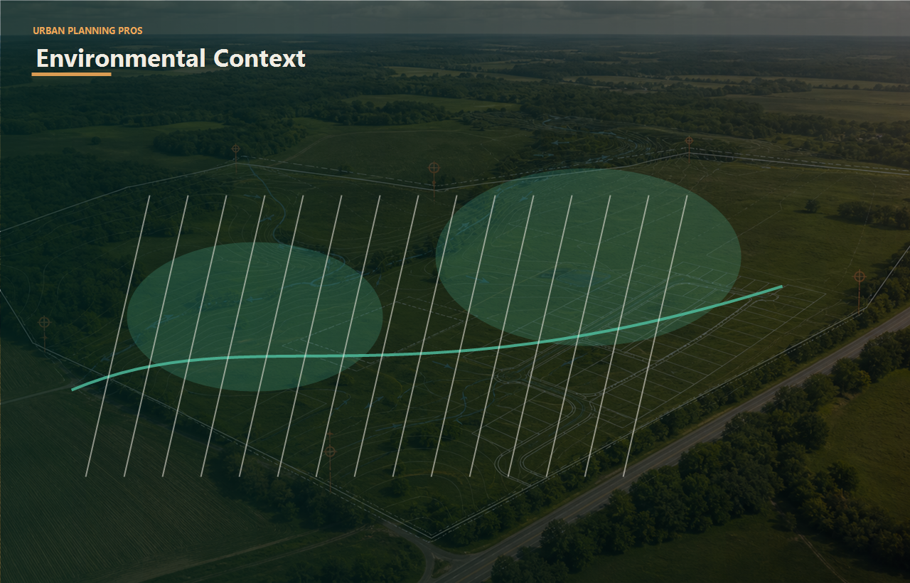 Phase 2 Wetland Delineations header image for Urban Planning Pros showing Environmental planning image with wetland buffer and drainage overlays