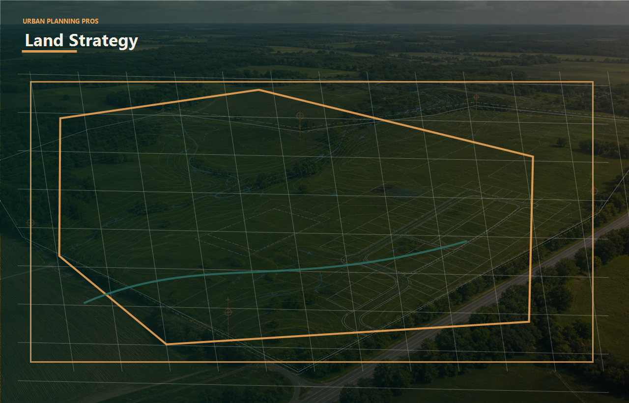 land feasibility planning header image for Urban Planning Pros showing Aerial land strategy image with parcel boundaries and development planning overlays