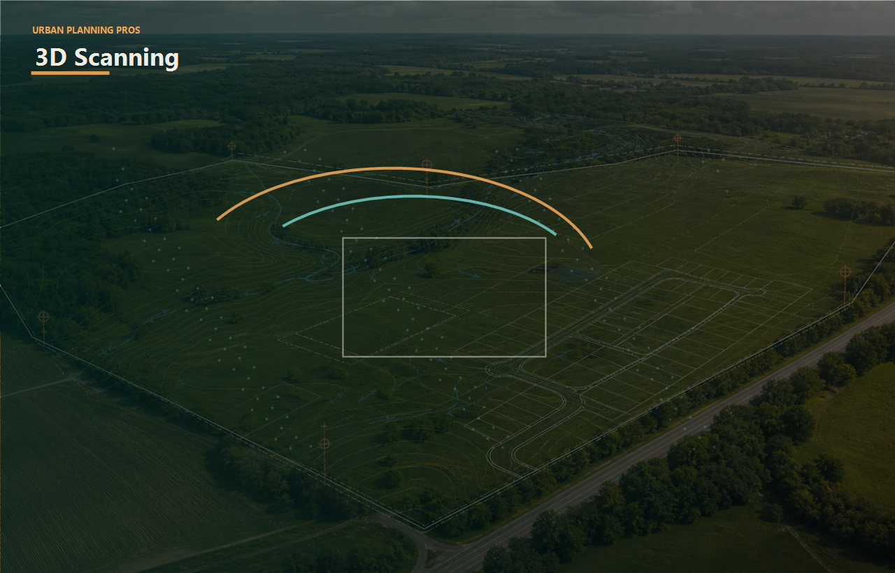 3D Laser Scanning Services header image for Urban Planning Pros showing 3D scanning image with point cloud and scan arc overlays