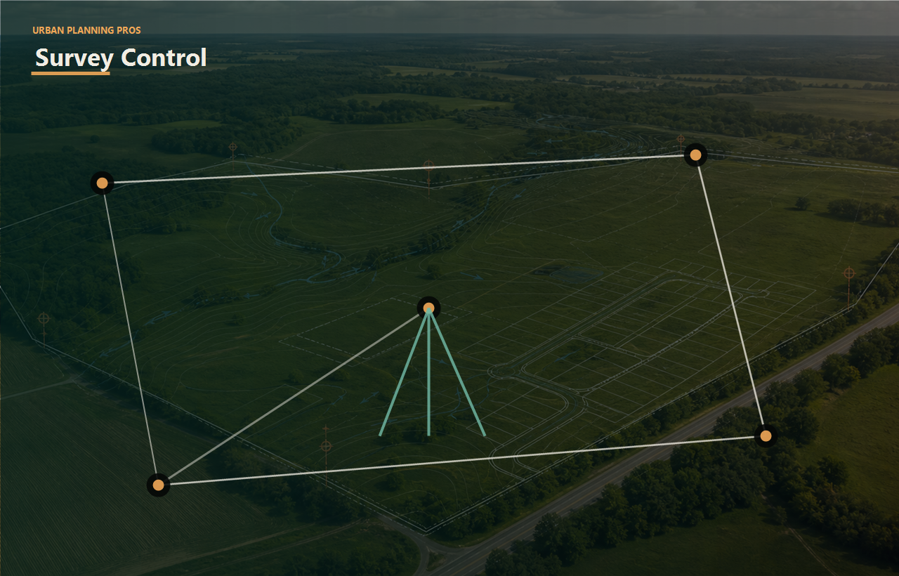 Topographic Survey header image for Urban Planning Pros showing Surveying image with boundary lines and control points over land